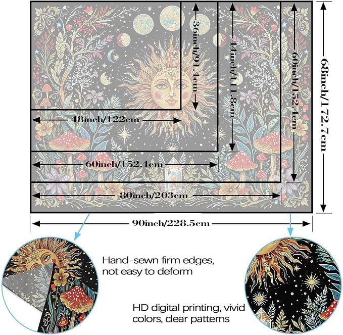 Accnicc Boho Sun and Moon Tapestry Hippie Mushroom Floral Wall Tapestry for Bedroom Aesthetic Vintage Plant Celestial Spiritual Small Tapestries Wall Hanging for Dorm Living Room Decor 60 x 44 Inch