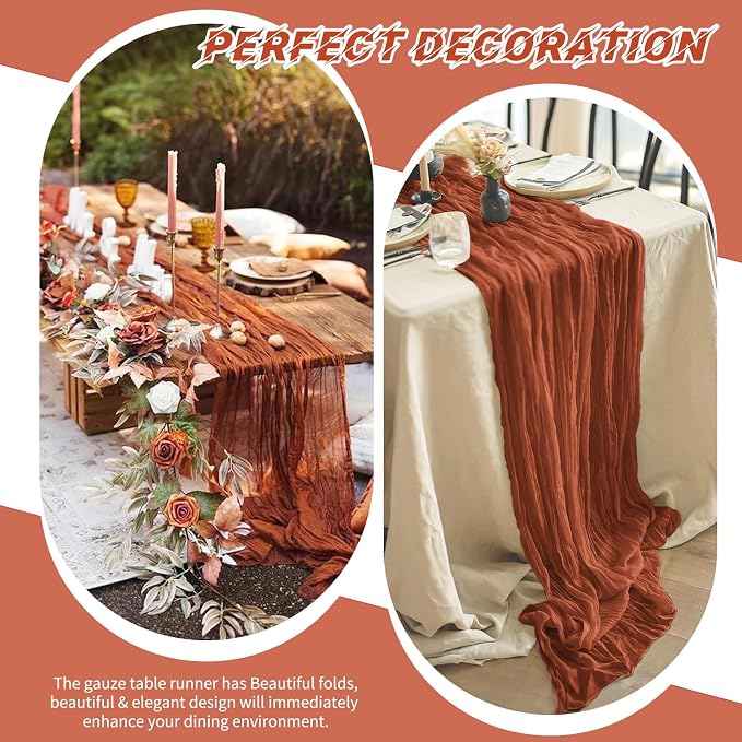 10 Pack Terracotta Cheesecloth Table Runner 17x108 Inch Boho Gauze Cheese Cloth Table Runners for Wedding Party Baby Shower Birthday Home Decor