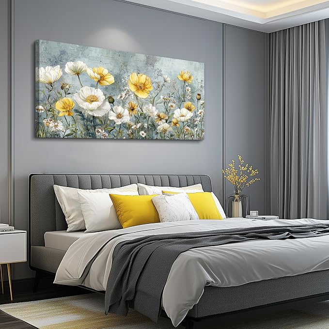 QIYILEXWART Large Wall Decor For Living Room Canvas Wall Art For Office Modern Wall Decorations For Bedroom Yellow White Flowers Landscape Painting Farmhouse Pictures Artwork Room Home Decor 24x48 In