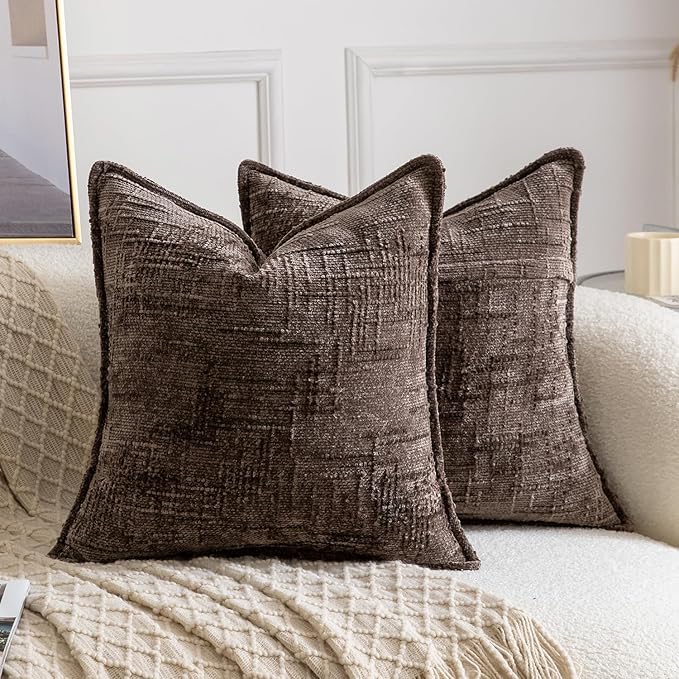 MADIZZ Pack of 2 Chenille Throw Pillow Covers 20x20 Inch Dark Taupe Soft Neutral Decorative Throw Pillows for Couch Sofa Boho Accent Cushion Covers Modern Farmhouse Home Decor for Bedroom Living Room
