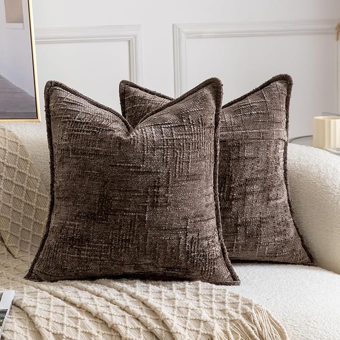 MADIZZ Pack of 2 Chenille Throw Pillow Covers 18x18 Inch Dark Taupe Soft Neutral Decorative Throw Pillows for Couch Sofa Boho Accent Cushion Covers Modern Farmhouse Home Decor for Bedroom Living Room