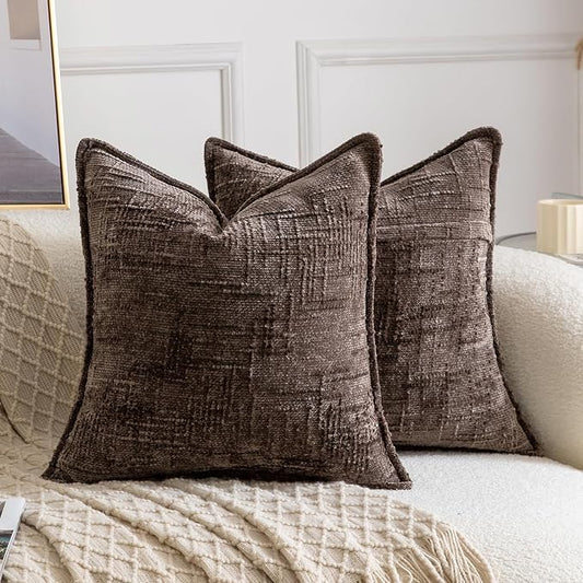 MADIZZ Pack of 2 Chenille Throw Pillow Covers 18x18 Inch Dark Taupe Soft Neutral Decorative Throw Pillows for Couch Sofa Boho Accent Cushion Covers Modern Farmhouse Home Decor for Bedroom Living Room