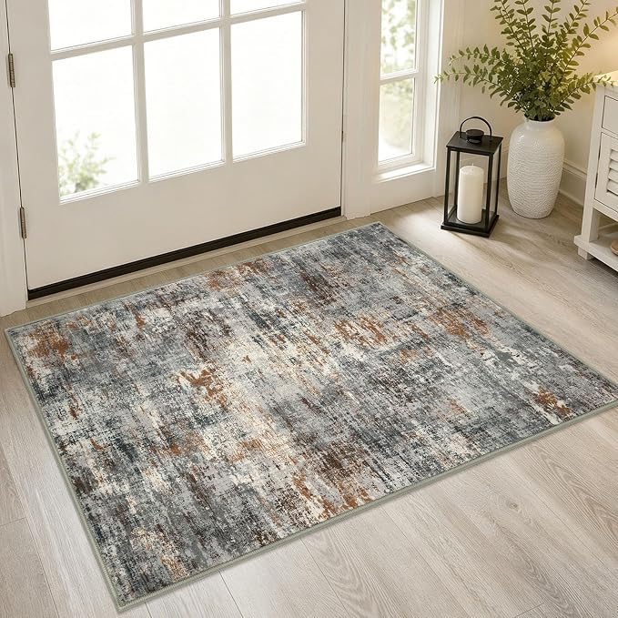 Lansny Abstract Washable Entryway Rug 2x3 Area Rug Small Non Slip Door Mat | Grey/Multi;Thin Printed Faux Wool Kitchen Rugs;Indoor Front Door Rug;Entry Rug;Throw Rugs for Foyer,Entrance;Floor Carpet