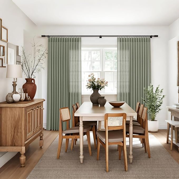 Jowels Sage Green Linen Curtains 102 Inch Long 2 Panels for Living Room | Light Filtering Semi Sheer Curtain, Back Tab Pocket Pleated Look, Boho Farmhouse Textured Privacy Drapes for Bedroom Window