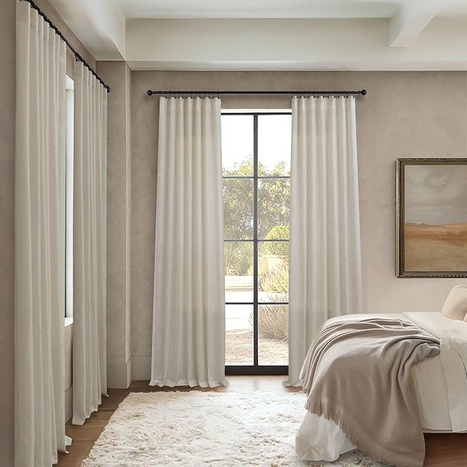 Pitalk Beige Linen Curtains 95 Inches Long 2 Panels for Living Room Back Tab Pocket Light Filtering Cloth Textured Linen Sheer Curtains Drapes for Patio Door Doorway Playroom Bay Window 52x95 Length
