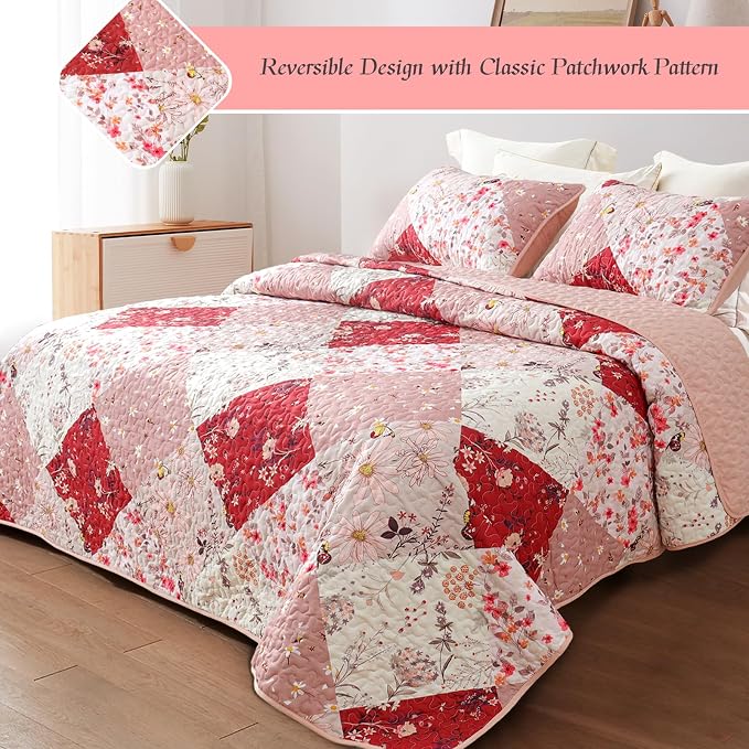 Whale Flotilla Patchwork Quilt King Size, Extra Soft Floral Bedspreads | Red Reversible Lightweight King Quilt Bedding Set for Bed, Printed Coverlets with 2 Pillow Shams for All Seasons