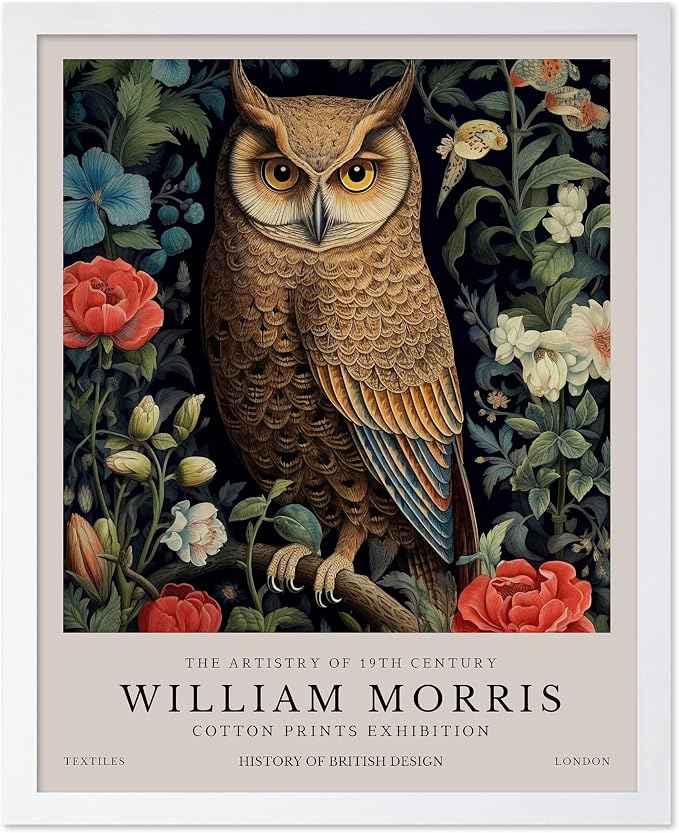 Monem Art William Morris Poster - Owl and Flowers Print - Bird Art - Botanical Artwork - Animal Exhibition Illustration - Floral Design - Aesthetic Creation - Bedroom or Office Decor - 8x10 White Framed
