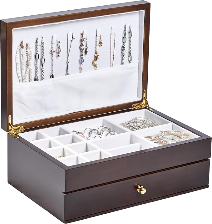 Wooden Jewelry Box with Drawer, 2-Layer Organizer, ek15-m-dark | Medium Size, Real Natural Solid Wood, Vintage Style Case with Earring Storage, Ring Compartments, and Necklace Hooks