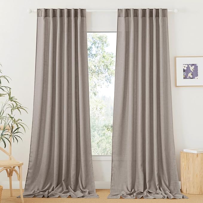 RYB HOME Sheer Curtains 108 inches, Extra Long Floor to Ceiling Curtains | Light Filtering Privacy,Faux Linen Fabric,Living Room Bedroom Sliding Glass Door,Back Tab,W52 x L108,2 Panels,Stone Blue
