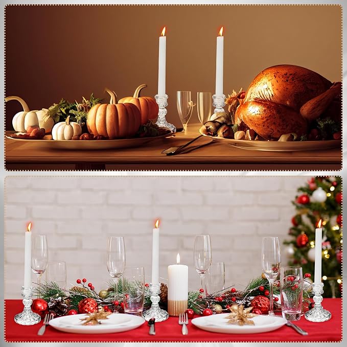 24 Pcs Glass Candle Holder Set 12 Candlestick White Candles,Clear | Clear Glass Holders with Taper Candles for Wedding Party Dinner Table Centerpiece, Elegant Classic Design Event Decor