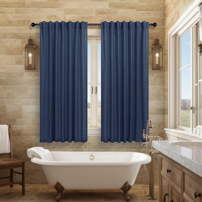 Navy Blue Cafe Curtains 45 Inch Linen Blend Back Tab 2 Panels