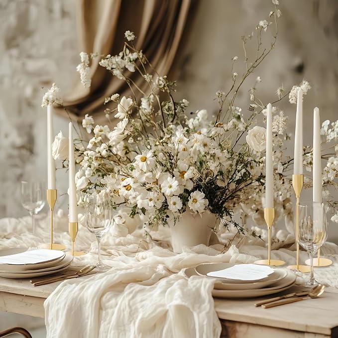 Gold Candlestick Holders, Metal Taper Candle Holders, Bulk Set of 15 | Elegant gold candle stands, 3 heights, for wedding centerpieces,dining tables, mantels, Thanksgiving,Christmas and home decor