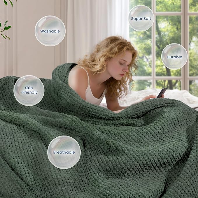 Waffle Knit Throw Blanket for Couch, Soft Cozy Chunky Knit Thick Knitted Blanket for Sofa, Bed, Gift for Women Girls Home Decor (Sage, Twin 60"x80")