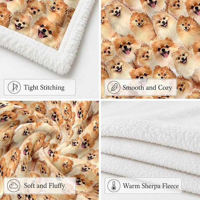 BlessLiving Throw Blanket, Dog Animal Gift, 50x60 in | sherpa fleece fabric, Pomeranian Golden Dense Pet Blankets Puppy print, for couch or sofa, pet lovers, easy machine care