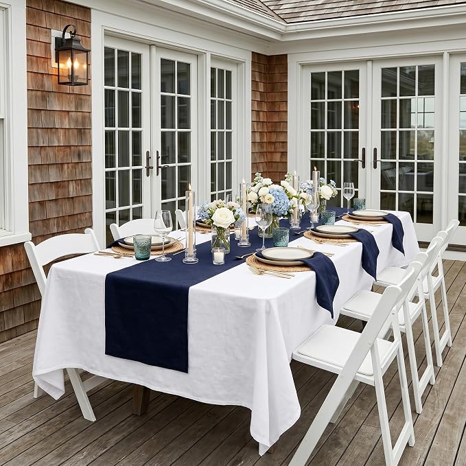 Solino Home 100% Pure Linen Table Runner Navy Extra Long, Fete 14 x 144 in | dresses up dining tables for everyday meals, European flax fibres, handloomed texture, machine washable, OEKO-TEX Certified