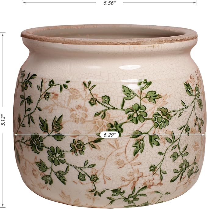 Vintage Country Ceramic Vase and Planters, English Cottage Garden Decor | 6.29" Small Plant Pots Indoor with Drainage, Sage Beige Floral Vases, Windowsill Windowsill Shelf Tabletop Decorations
