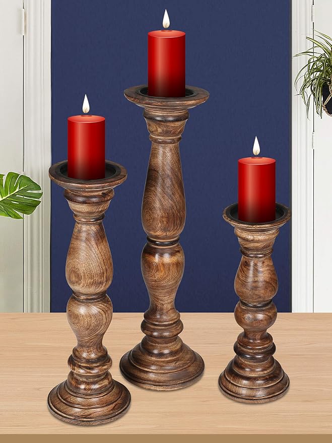 Rustic Candle Holder Set of 3 – 10", 8", 6" – Burnt Finish Wooden Pillar Stands for Wedding, Party, Home Décor, Spa – Country Style Gift for Table Centerpiece
