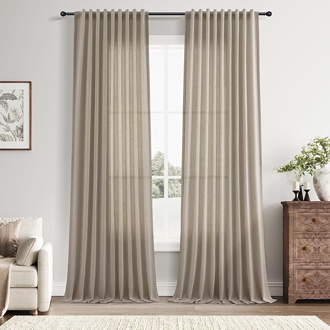 Linen Curtains 96 Inches Long for Living Room Back Tab Semi Sheer Floor to Ceiling 8ft Light Filtering Curtain Boho Farmhouse Decor Window Drapes for Bedroom 52x96 2 Panels Cobblestone