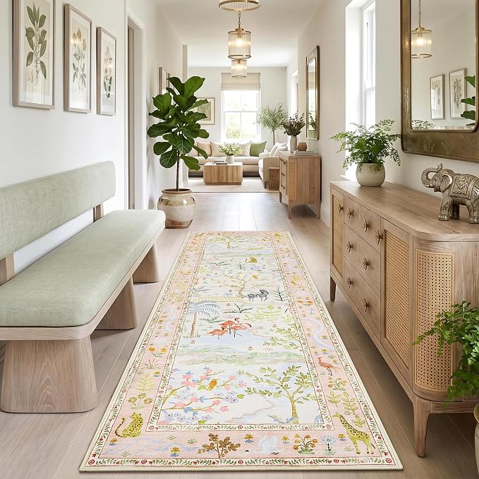 2x6 Hallway Runner Rug Non Slip Forest Nursery Runners Washable Stain Resistant Fairy Tale Whimsical Long Runner Carpets Girls Room Blush Safari Animal Rugs for Living Room Kitchen Bedroom, PeachBlush