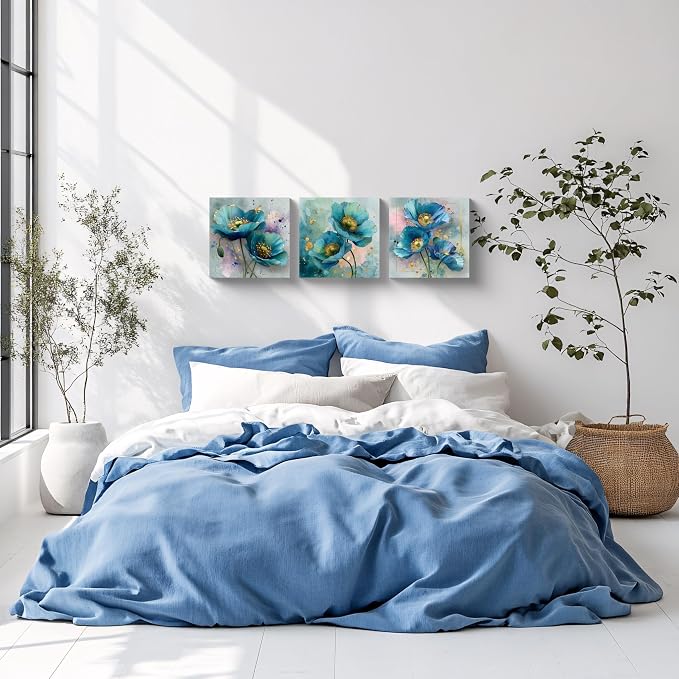 NAN Wind 3Pcs Blue Teal Poppy Flower Wall Art Canvas Print with Gold Accents Modern Botanical Floral Contemporary Watercolor Style Elegant Flower Artwork for Living Room Bedroom Home Office Wall Decor