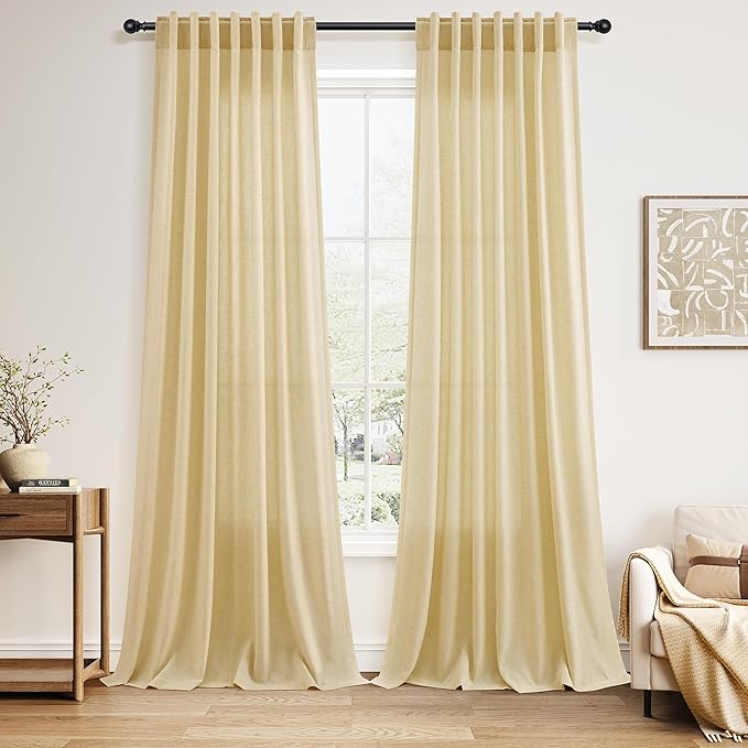 Cream Yellow Linen Curtains 90 Inches Long for Living Room Light Filtering Modern Farmhouse Sheer Curtains Back Tab and Rod Pocket Curtain for Bedroom Office 52x90, 2 Panels