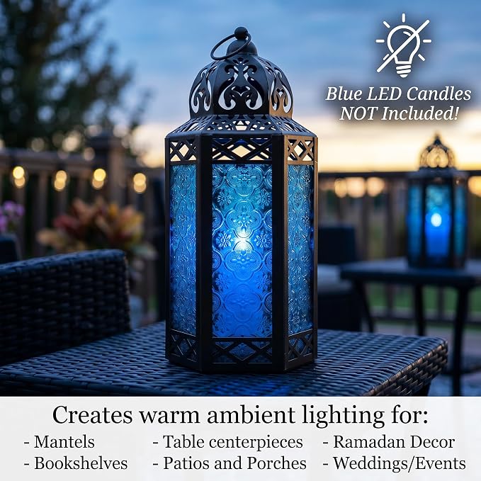 Vela Lanterns Decorative Indoor Candle Holder Table Centerpieces - Moroccan Hanging Outdoor Patio & Porch Home Decor, Turkish Lamp for Wedding, Ramadan (Large 12", Blue Glass)