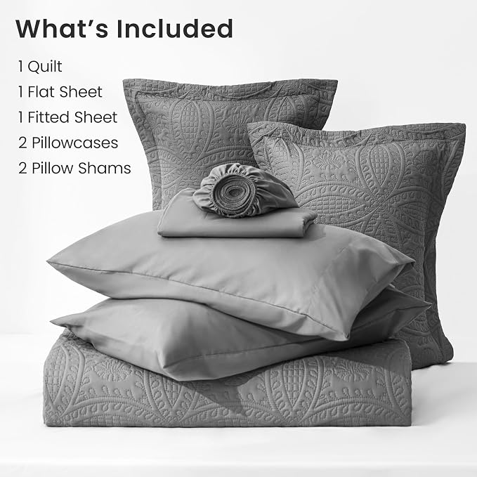 Love's cabin King Quilt Set Grey, Bed in a Bag King Size Bedding 7 Pieces, Ultrasonic Embossed Coin Pattern Comforter, Lightweight Bedspreads for All Seasons Quilt with Sheets, Pillowcases & Shams