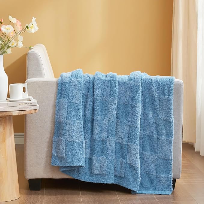 Snuggle Sac Faux Fur Throw Blanket for Couch,Knitted with Microfiber Fancy Yarn Blanket, Cozy Soft Warm Blankets for Sofa, Bedroom, Living Room, Solid Blue,50x60 inches