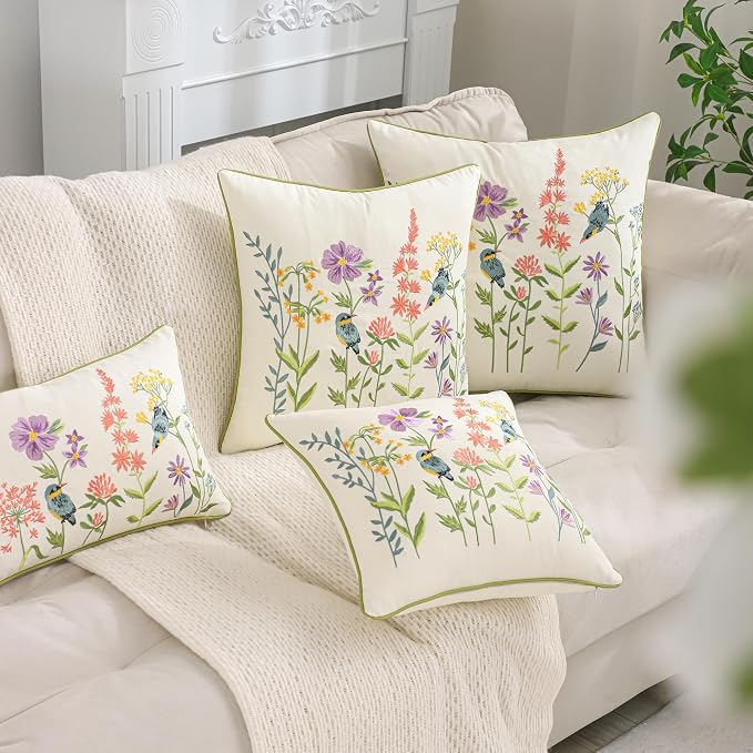 Embroidered Throw Pillow Covers 16x16 Pack of 2 Birds and Flowers | Durable Fabric,Square Pillow Cover,Boho Decorative,Hidden Zipper,Aesthetic Design,Ideal Gift,Machine Washable