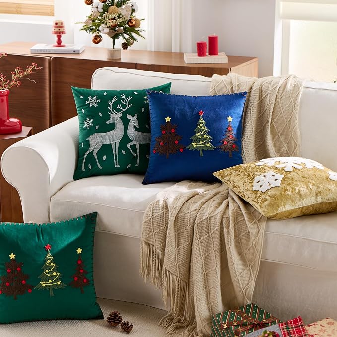 Christmas Deer Snowflake Throw Pillow Covers 18x18 Set of 2 Winter Holiday Decorative Emerald Green Embroidered Luxurious Soft Velvet Accent Pillowcase for Sofa Couch Bed Living Room Home Decor