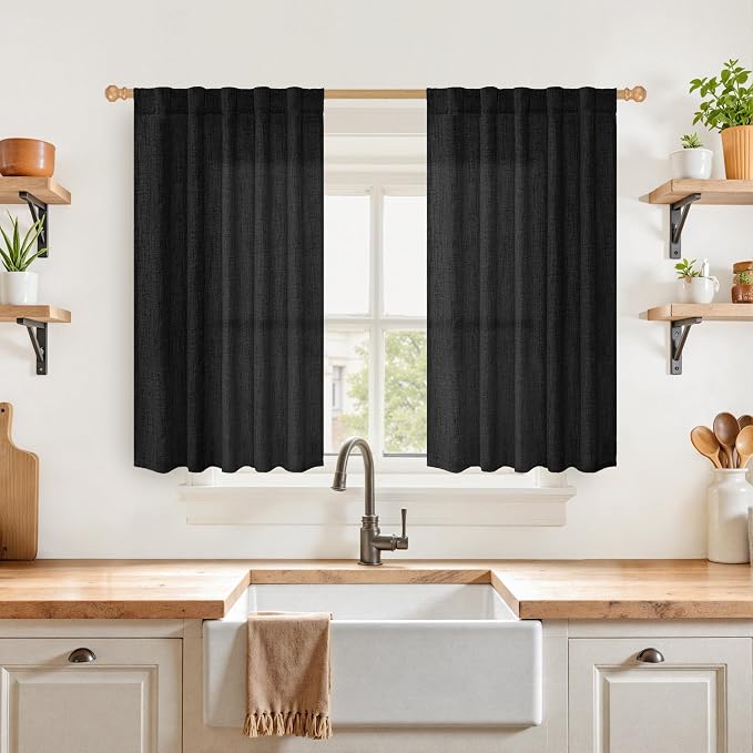 YoungsTex Black Linen Curtains 40 Inches Long for Kitchen Cafe Window | Short Semi Sheer Drapes with Rod Pocket Back Tab Gothic Decorative for Bedroom Bathroom, 2 Panels, 42 X 40 Inch