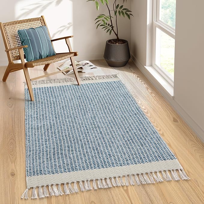 Lahome Boho Bathroom Rugs, 3x5 Washable Area Rug for Kitchen Bedroom Entry | Bath Door Mat with Tassels Woven Cotton, Farmhouse Blue Non Shedding Throw Carpet for Entryway Living Room Dorm Camper Rv