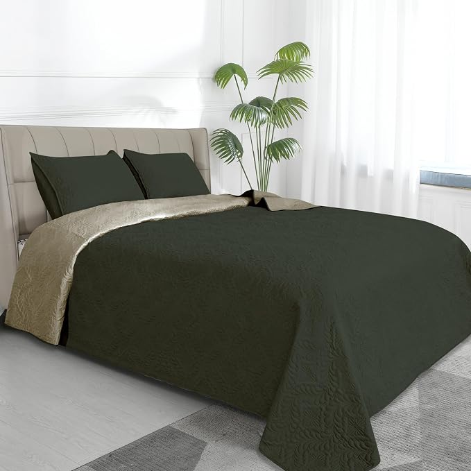 Easy-Going Reversible Quilt Set Twin, Bedspread with 1 Shams | Olive leaf-Army Green/Beige, Lightweight Microfiber Bed Comforter, 1 Quilt + 1 Pillow Shams, All-Season Coverlets