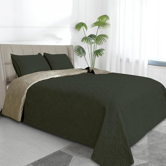 Easy-Going Reversible Quilt Set Full/Queen, Bedspread with 2 Shams | Olive leaf-Army Green/Beige, Lightweight Microfiber Bed Comforter, 1 Quilt + 2 Pillow Shams, All-Season Coverlets