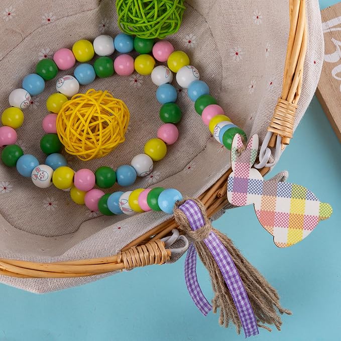 Easter Wood Bead Garland, 38.6" Spring Wood Beads Garland with Tassel, Wooden Beaded Easter Boho Decor Farmhouse Rustic Hanging Decorations for Home Room Wall Tiered Tray Shelf, Plaid Bunny