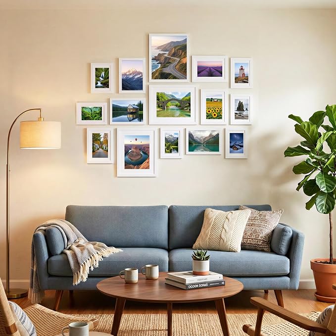 Fixwal Gallery Picture Frames Set, 15 Pack, PVC, White, 8x10, 5x7, 4x6 | Wall or Tabletop Decor, High-definition Plexiglas panels