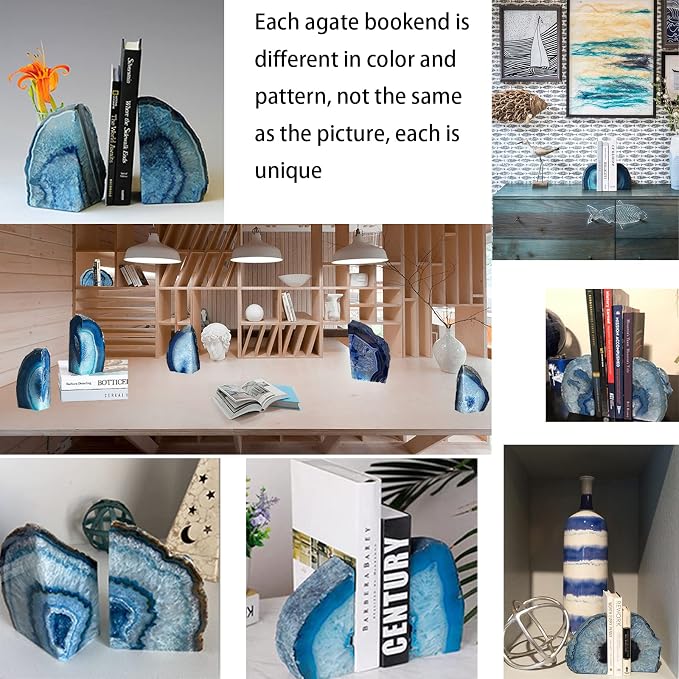 JIC Gem Blue Agate Geode Bookends Heavy Duty Hippo bookends 1 Pair 3-4Lbs | Decorative Gemstone Stoppers with Non-Skid Rubber Bumpers for Shelves Home&Office Tabletop Decor Unique Crystal Supports Gift