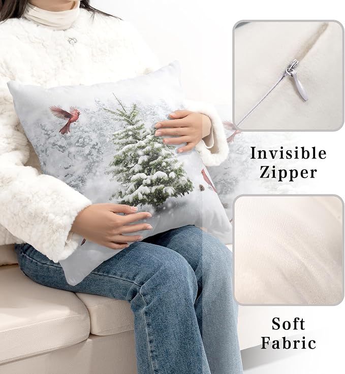 Winter Christmas Pillow Covers Snowy Natural Forest Decorative Pillow Case 22x22 Green Pine Tree with Cardinal Birds Cushion Case for Couch Living Room Patio,2 Pack