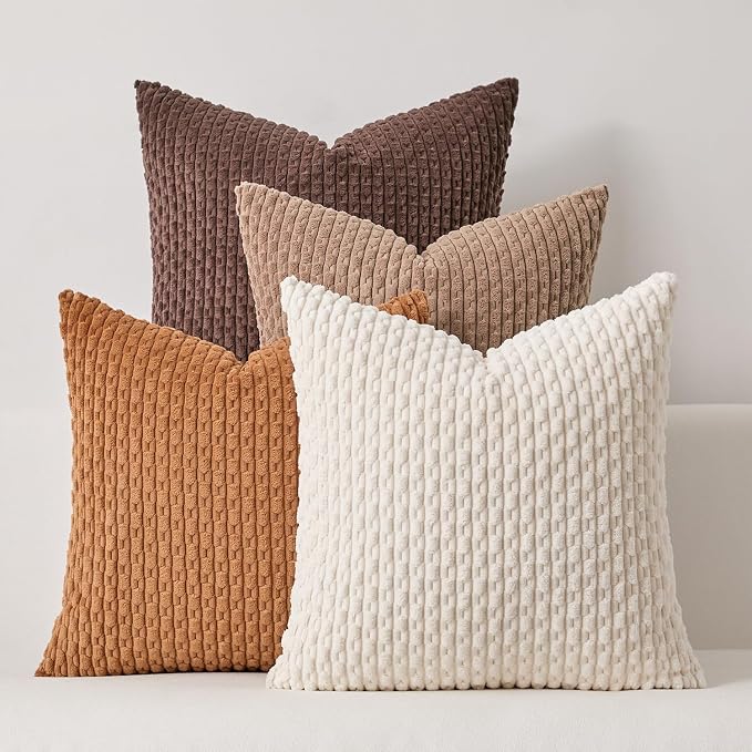 Kevin Textile Decorative Pillow Covers 20x20 Inch Set of 4 Soft Boho Corduroy Throw Pillow Cases Mix and Match Colors Plush Texture Throw Pillows for Sofa Couch Bedroom Home Decor Neutral Brown