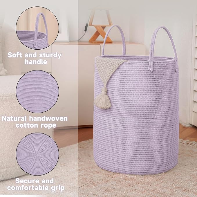 JMvicyroam 100L Cotton Rope Laundry Basket Hamper, Purple | Collapsible laundry basket, reinforced handles, freestanding, machine washable, holds 3-5 thick blankets, clothes or toys
