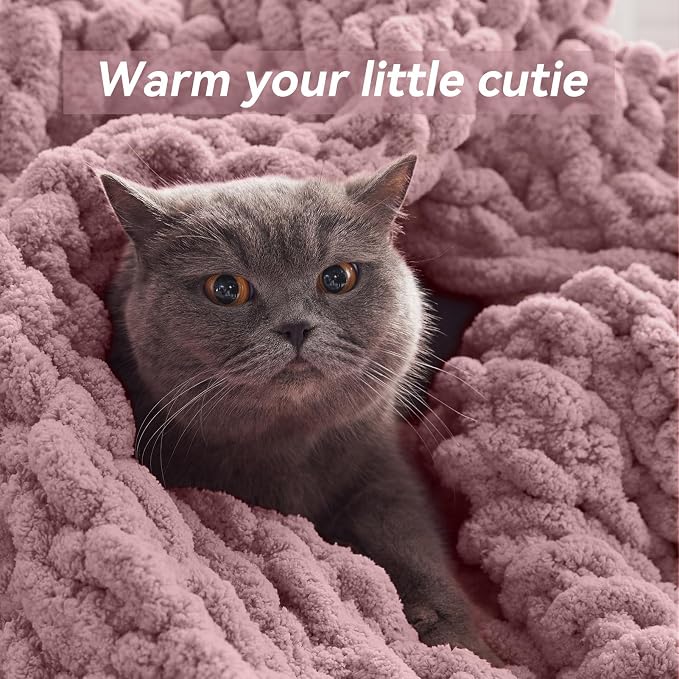 Negwoo Chunky Knit Throw Blanket, Knitted Throw Chenille Yarn, 30"*40" | Soft Thick Cable Knitted Blankets, Handmade Big Thick Blanket, Machine Washable Cute Comfy Blanket for Home Decor, Muted pink