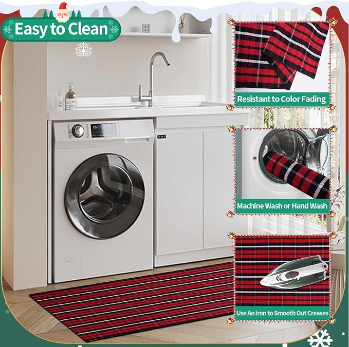 Christmas Buffalo Plaid Rug 27.5x43 in, Red Black Indoor Outdoor Rug | Cotton Blend, Hand-Woven Look, Machine Washable, Layering Rug, Porch Entryway Decor