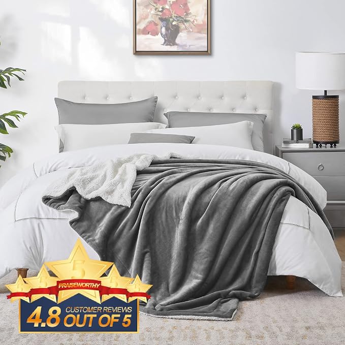 Walensee Sherpa Fleece Blanket (Twin Size 60”x80” Grey) Plush Throw, Gray Fuzzy Super Soft Reversible Microfiber Flannel Blankets for Couch, Bed, Sofa Ultra Luxurious Warm and Cozy for All Seasons