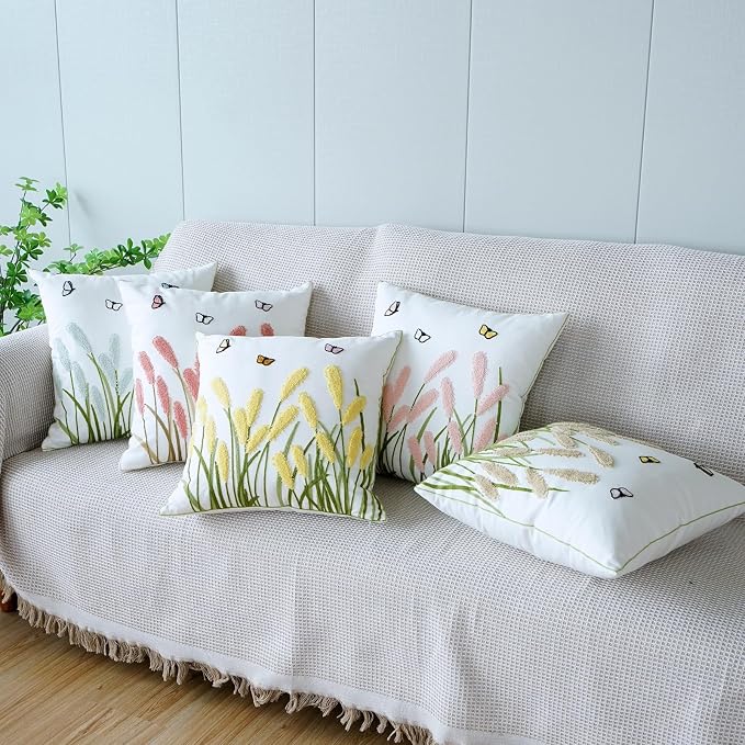 vctops Farmhouse Pampas Grass Cotton Tufted Throw Pillow Cover Boho Embroidery Pillowcase Soft Square Cushion Case for Sofa Couch Bed Chair (Yellow G,18"x18")
