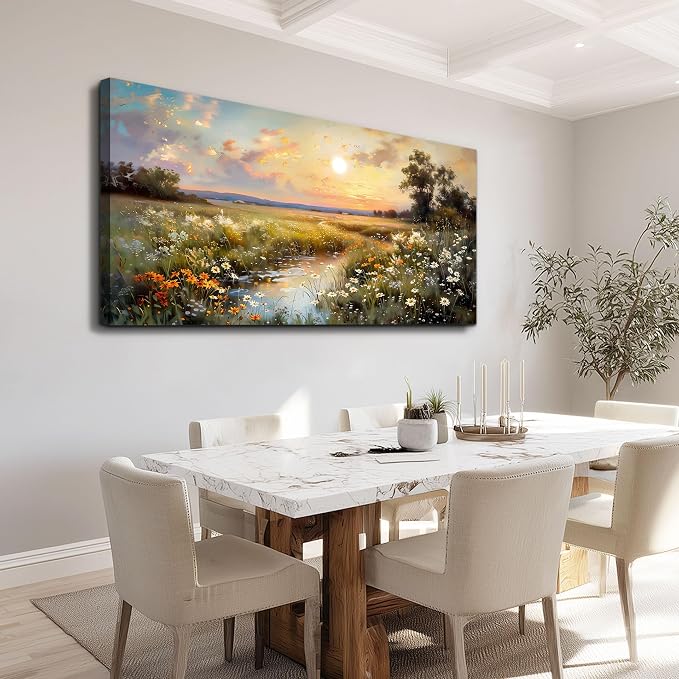 hyidecorart Vintage Farmhouse Wildflower Wall Paintings Canvas Wall Art for Living Room Wall Decor for Bedroom Office Decorations Nature Landscape Picture Artwork Aesthetic Home Decor Ready To Hang