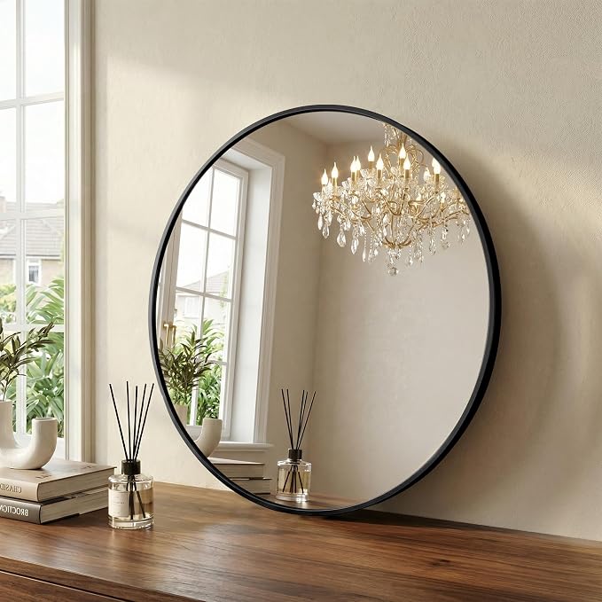 Sweetcrispy Round Bathroom Mirror for Over Sink, 36 Inch Wall Vanity Mirror | Matte Metal Frame Over Sink, Entryway Bedroom Decor, Hang Mounted Frame, Black