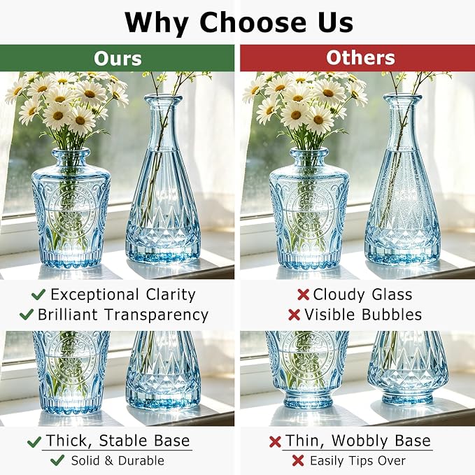 SUPMIND Blue Glass Bud Vases Set of 6, Small Flower Vases for Centerpieces | Mini Vintage Vase in Bulk for Wedding, Baby Shower, Home Decor, Table Decoration