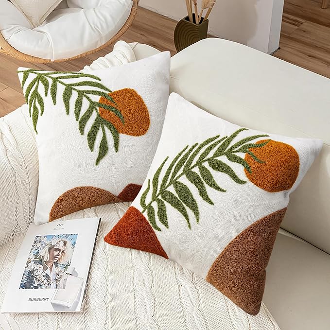 Merrycolor Boho Decorative Throw Pillow Covers 18x18 Tufted Green Decorative Pillows Covers Sun Leaf Mid Century Modern Throw Pillows for Bed Couch Sofa Living Room 1PC