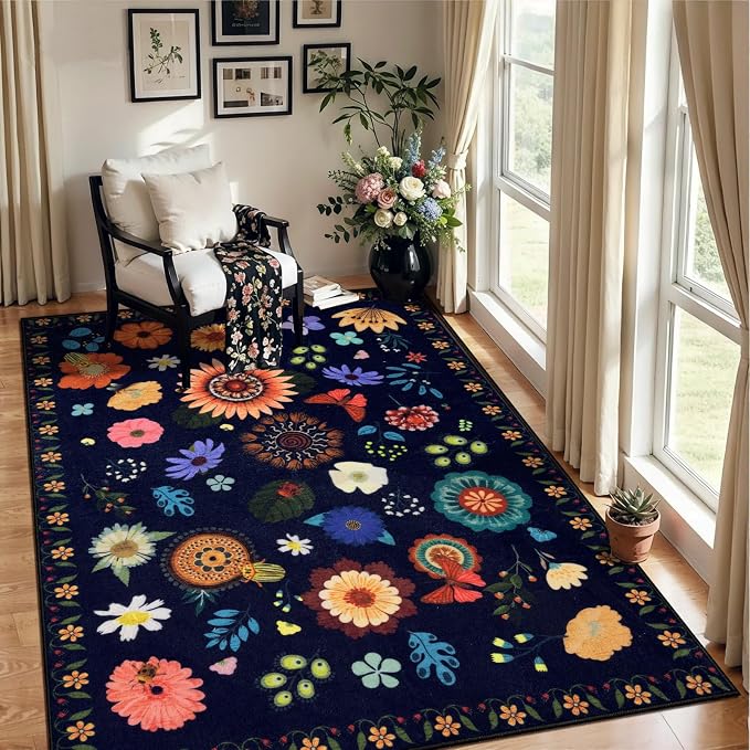 Ciicool 4x6 Washable Area Rug Floral Living Room Rugs for Bedroom Bedside | Soft Low Pile Carpet for Hallway Entryway Playroom Laundry Office Home Boho Non-Slip Black Carpets