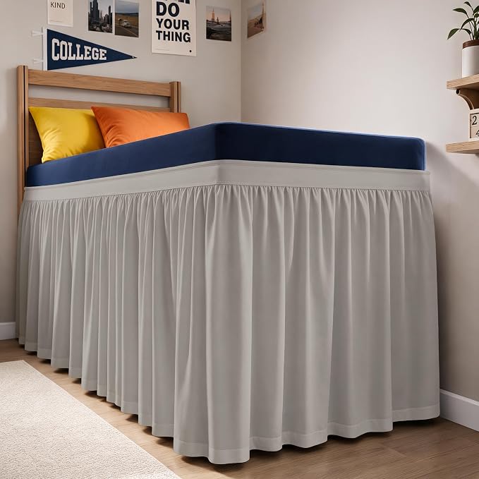 Dorm Room Bed Skirt Full XL - College Dorm Essentials - Light Grey, 36 Inch | Extra Long Dust Ruffled College Bedskirt with Split Corners, Easy Fit Elastic Strap, Adjustable, Fade & Wrinkle Free